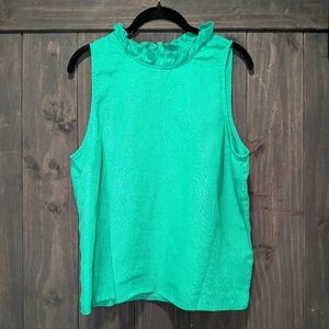 J.Crew Emerald Green Linen Sleeveless Ruffle Neck Top Size Large